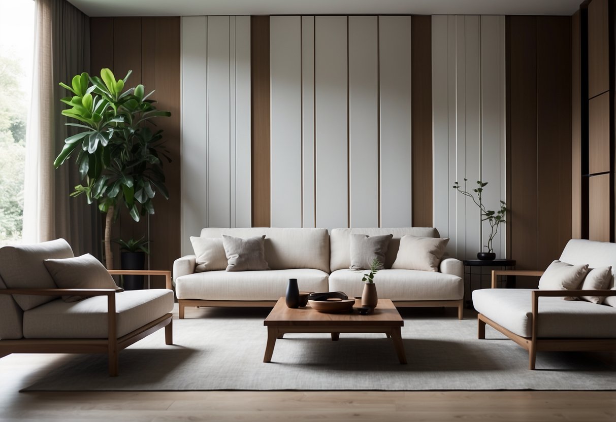 A modern living room with sleek, minimalist Kimura furniture arranged in a symmetrical layout, featuring clean lines and neutral tones
