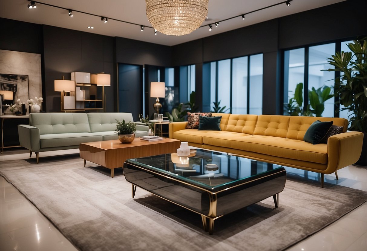 A showroom filled with modern Kimura furniture, featuring sleek lines and luxurious materials. Vibrant colors and elegant designs create a sophisticated atmosphere