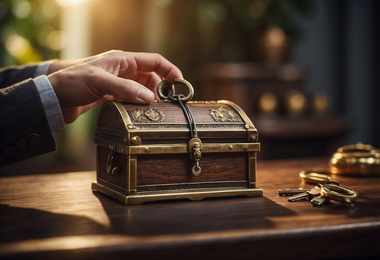 A hand reaches for a key, unlocking a treasure chest filled with Amazon furniture deals. A coupon sits on top, ready to be used