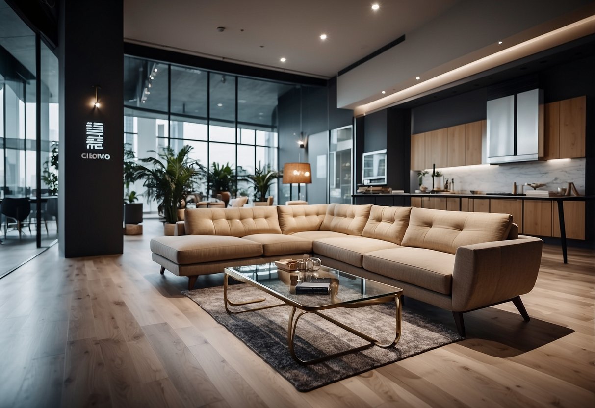 A spacious, well-lit showroom with modern, sleek furniture arranged for maximum comfort and style. Quality craftsmanship evident in every detail