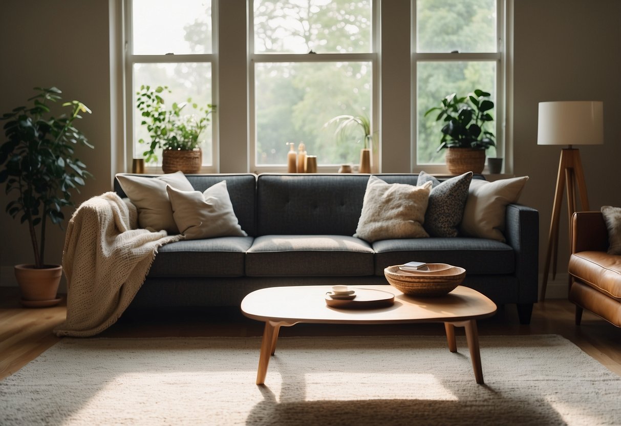 A cozy living room with a modern sofa, a sleek coffee table, and a stylish rug from Amazon's furniture selection. Sunlight streams in through the window, casting a warm glow on the inviting space