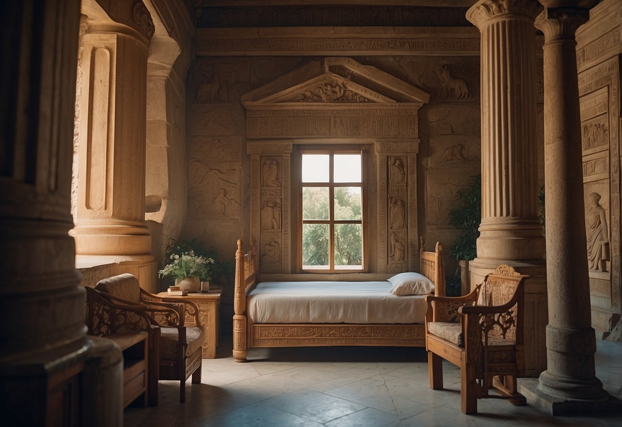 An ancient Greek room with a wooden chair, table, and bed, adorned with intricate carvings and draped in rich fabrics