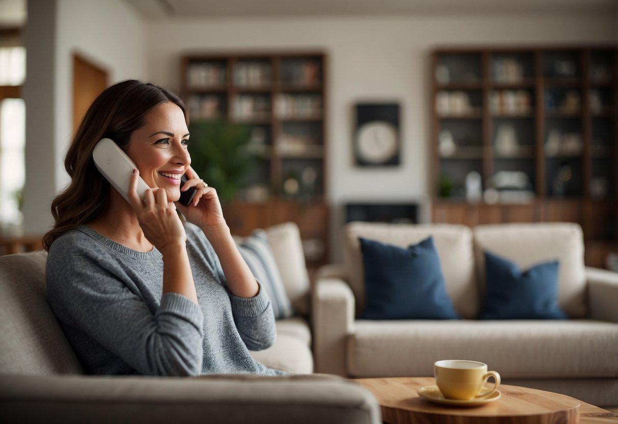 A cozy living room with a modern sofa, coffee table, and bookshelf. A customer service representative is on the phone, assisting a customer with a smile