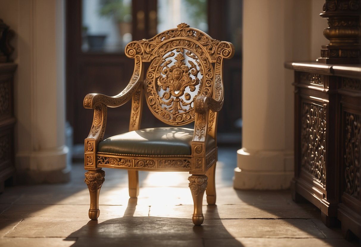 An ancient Greek chair with intricate carvings and curved legs sits in a sunlit room, surrounded by other ornate furniture pieces