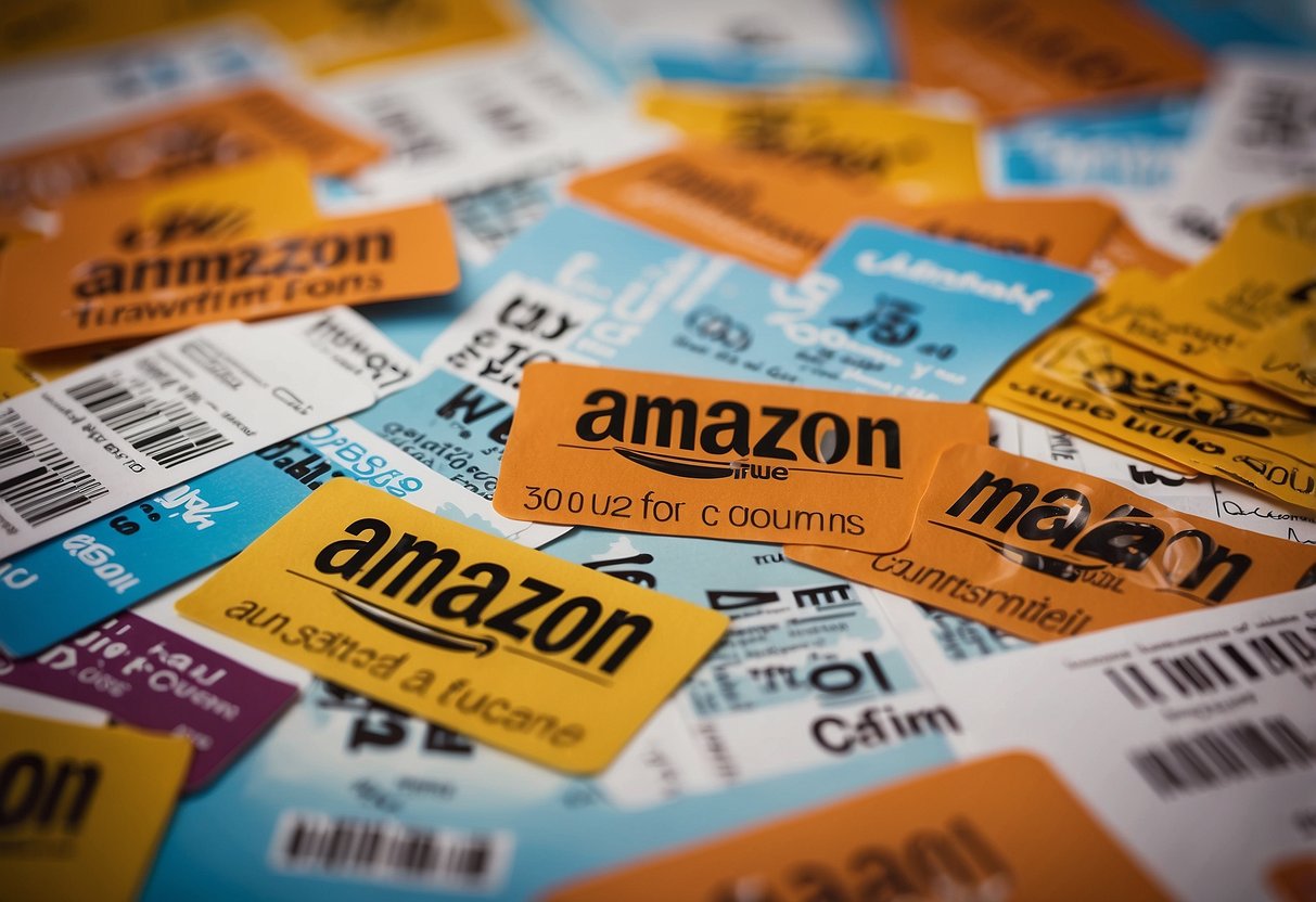 A stack of colorful coupons with "Amazon Furniture" written on them, surrounded by question marks