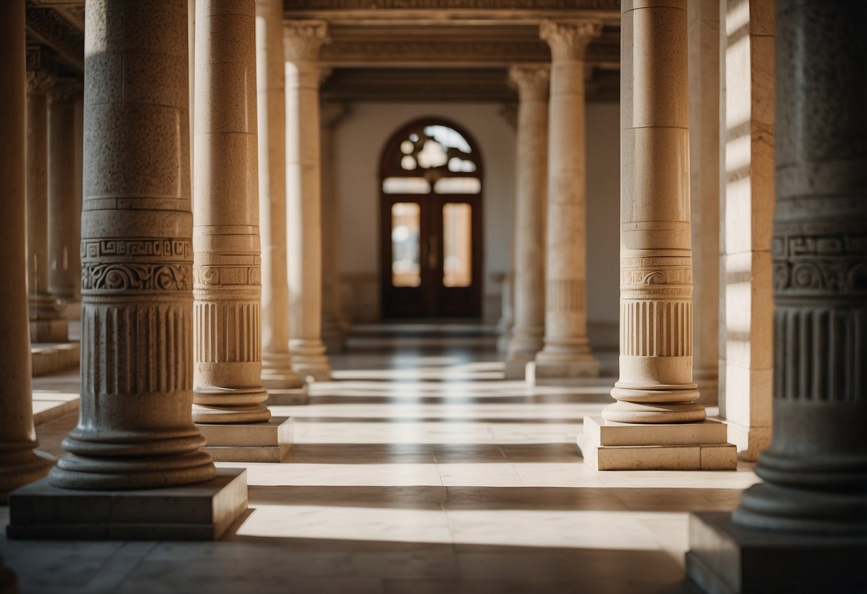 Ancient Greek furniture arranged in a well-lit room with decorative columns and ornate patterns