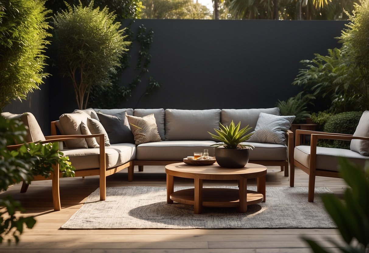 A regal outdoor setting with the King Living furniture as the centerpiece, surrounded by lush greenery and bathed in warm sunlight