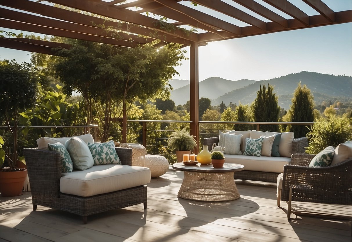 A sunny patio with modern King Living outdoor furniture, surrounded by lush greenery and overlooking a serene landscape