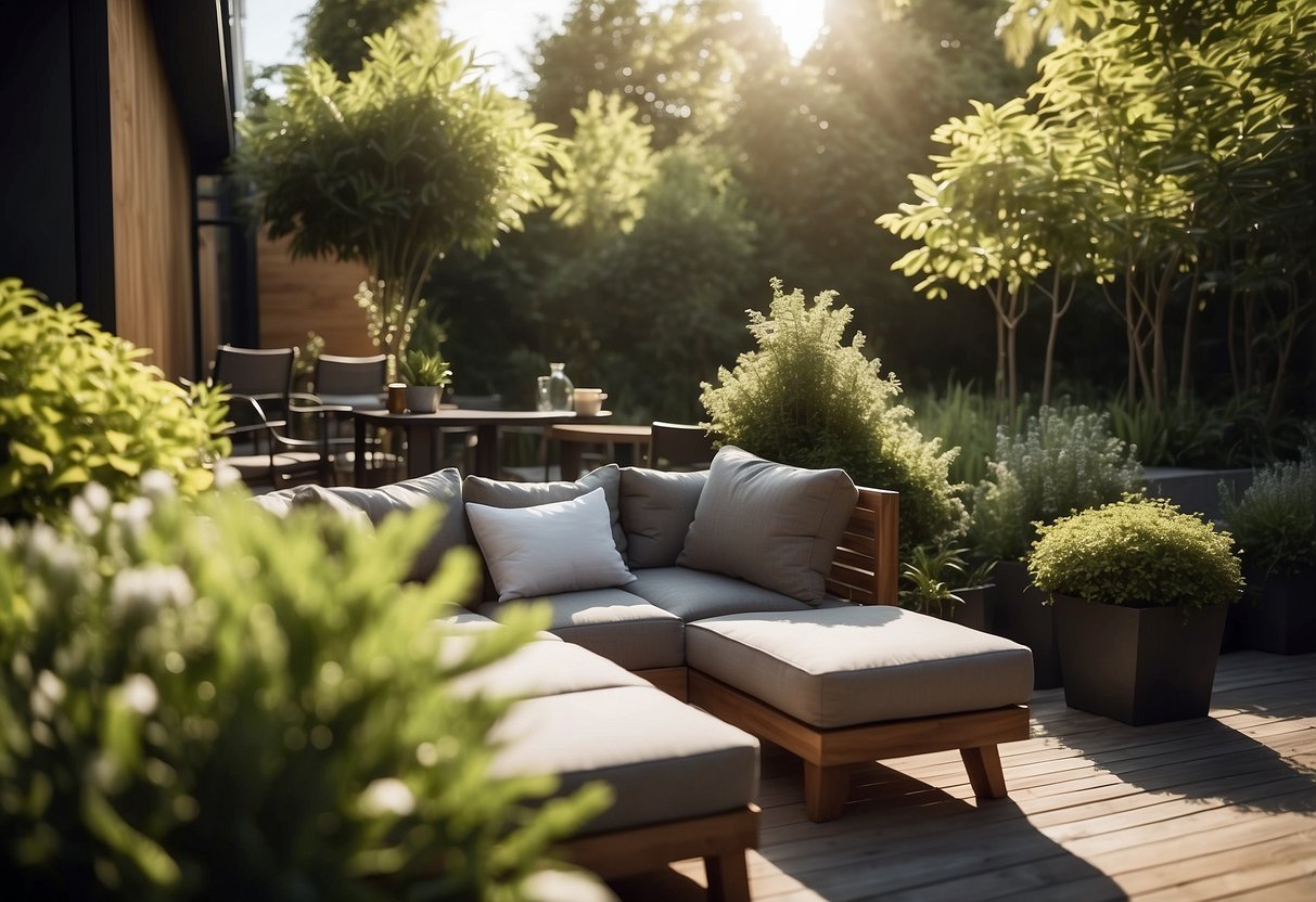 A cozy outdoor setting with modern furniture, surrounded by lush greenery and bathed in warm sunlight