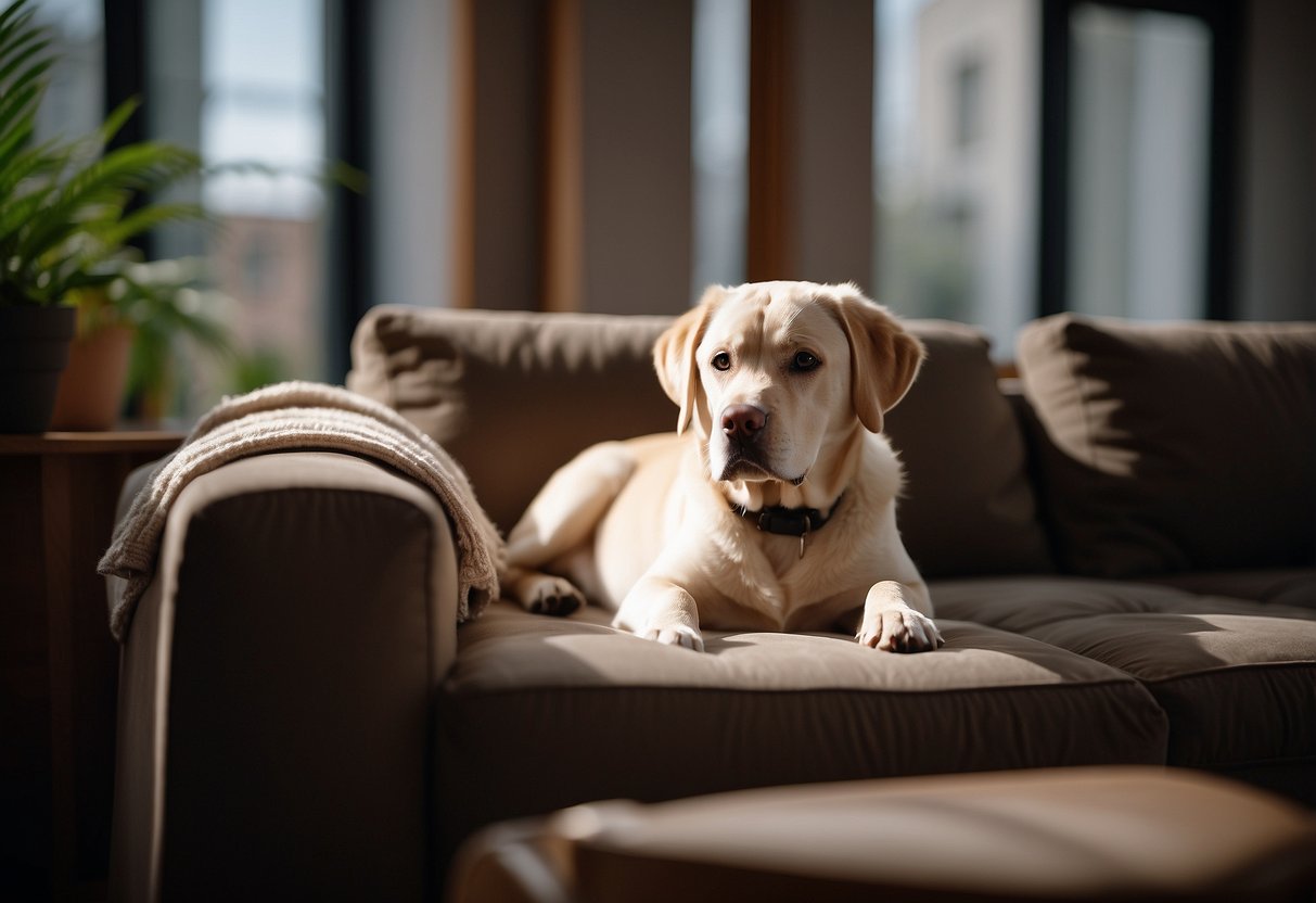 A labrador lounges on a plush sofa, surrounded by wooden furniture and a cozy rug