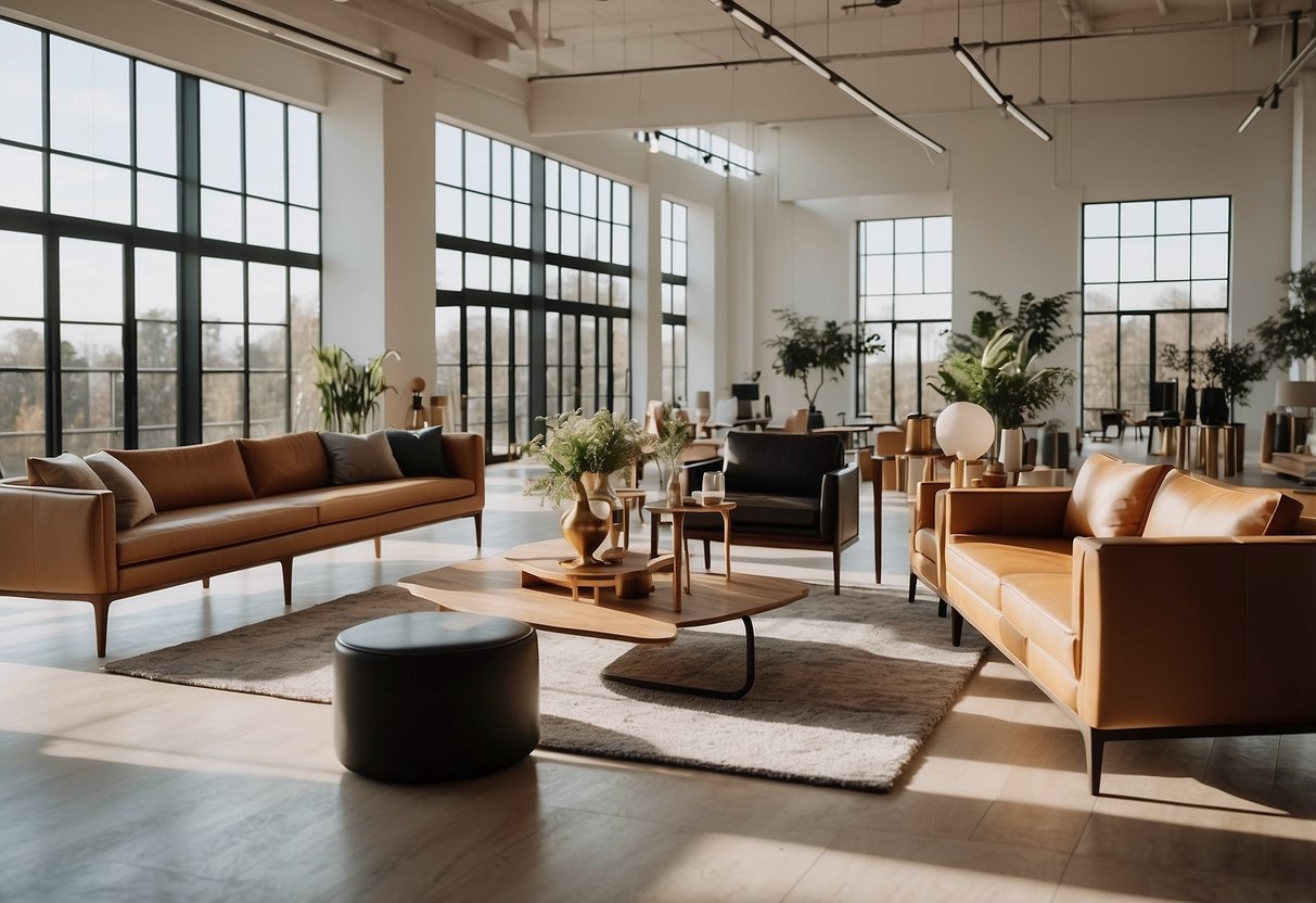 A spacious showroom filled with sleek, modern Labrador furniture. Natural light streams in through large windows, illuminating the elegant designs and rich wood finishes