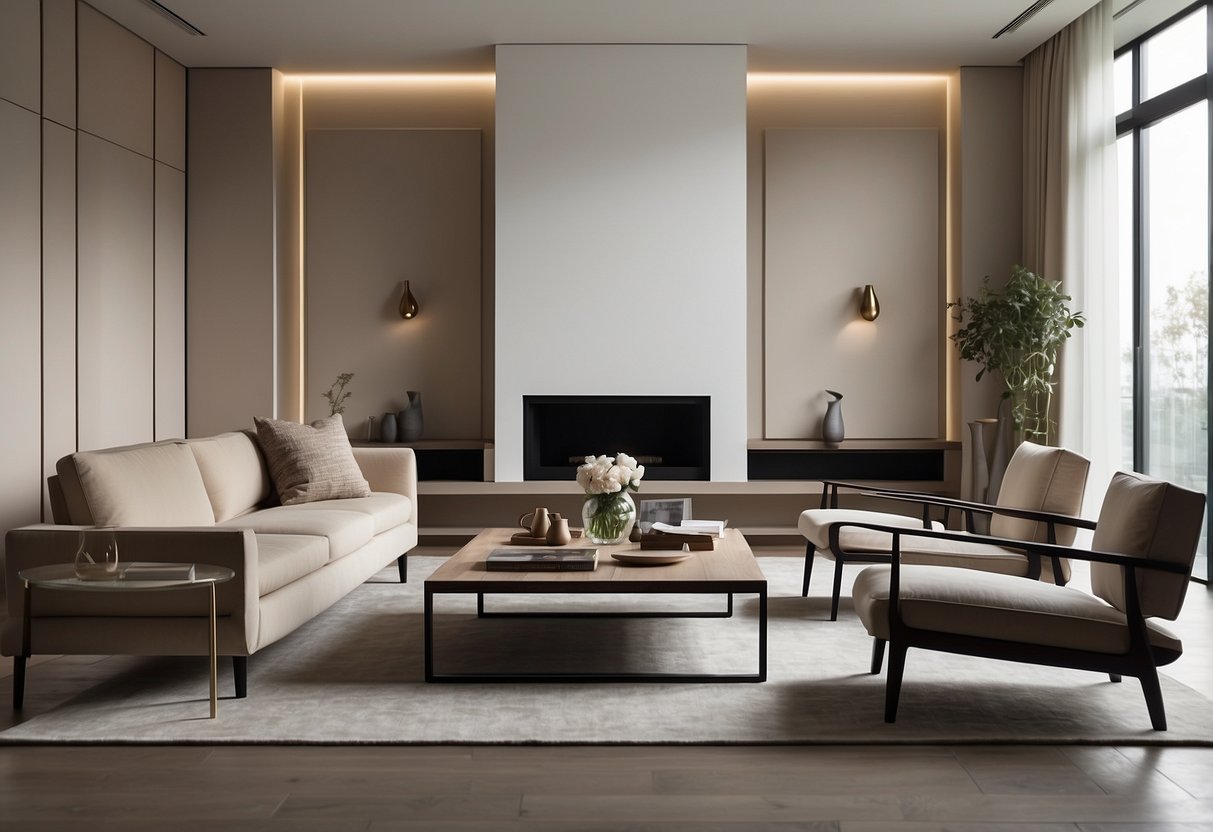 A modern living room with sleek, minimalist Antonio Citterio furniture arranged in a symmetrical layout, featuring clean lines and neutral colors