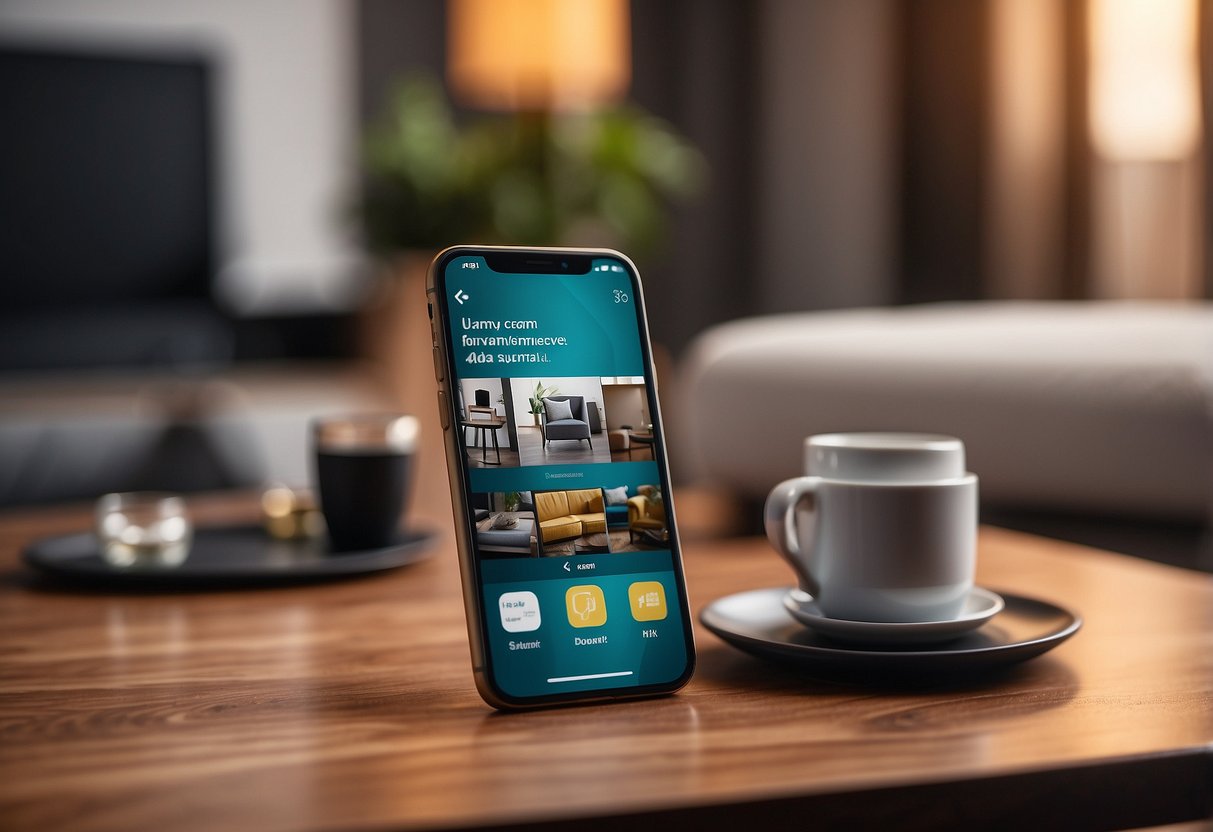 Various furniture apps displayed on a smartphone screen. Items include sofas, tables, and chairs. Payment options and delivery details are visible
