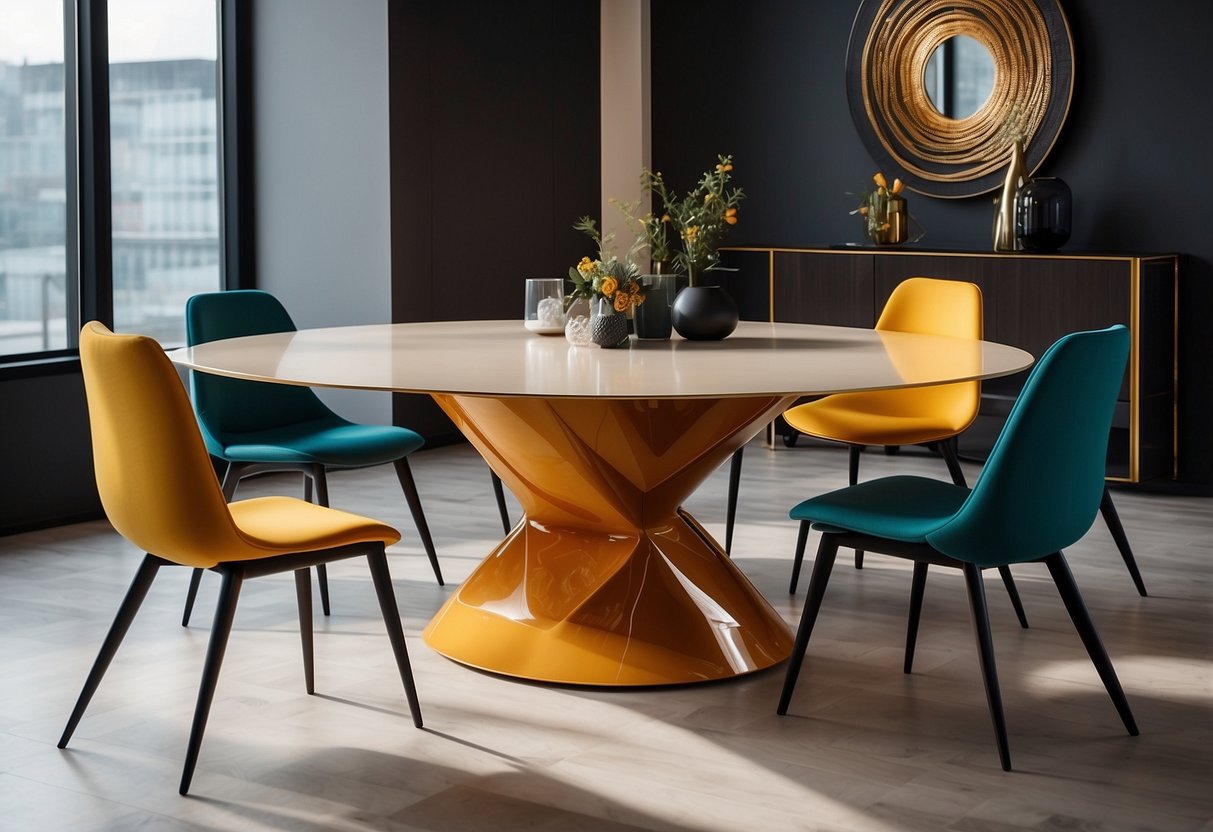 A modern dining table with art-inspired furniture, featuring sleek lines and bold colors