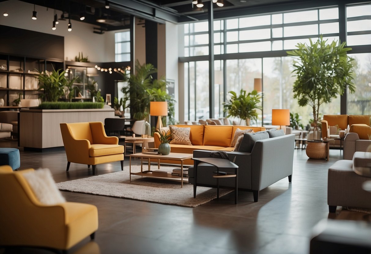 A Labrador furniture store with bright signage and a banner advertising special events and offers. Showroom filled with modern and stylish furniture displays