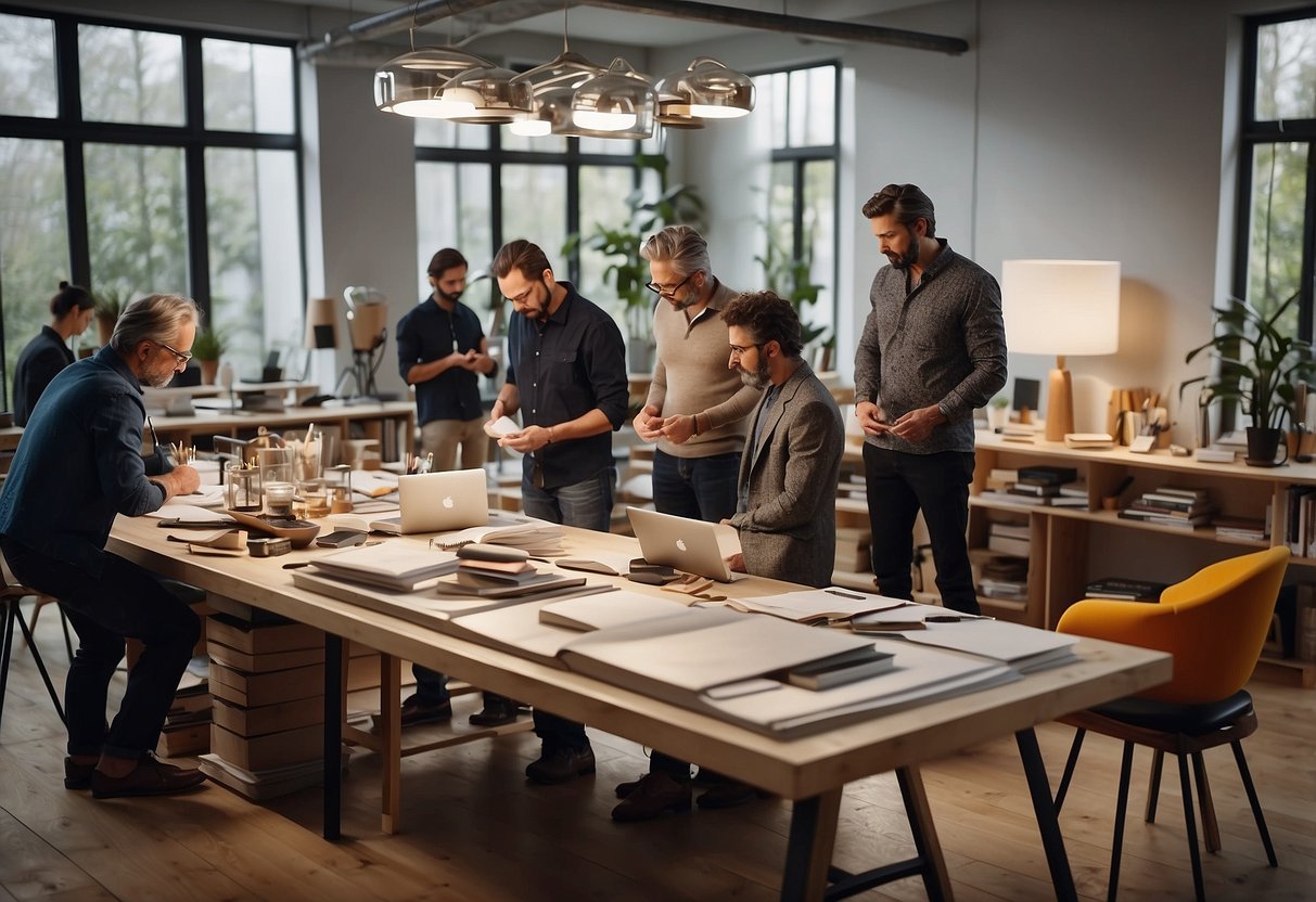 Antonio Citterio's studio filled with sleek, modern furniture prototypes and design sketches, surrounded by a team of collaborators discussing new concepts