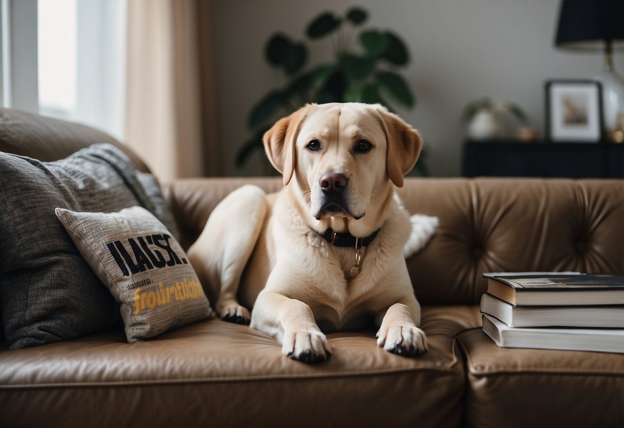 A labrador lounges on a plush sofa surrounded by stylish furniture, while a stack of FAQ pamphlets sits nearby