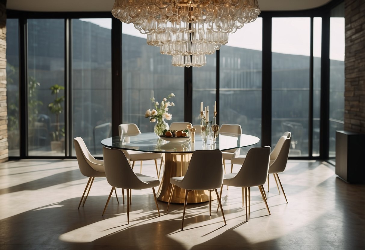 A sleek, modern dining table with sculptural legs and a glass top, surrounded by stylish chairs in an art-filled room