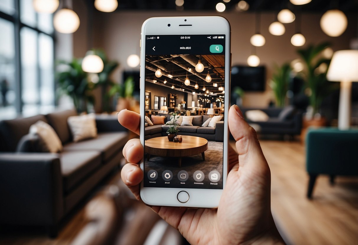 A person browsing a variety of online furniture stores on their smartphone or computer, surrounded by images of sofas, chairs, tables, and decor