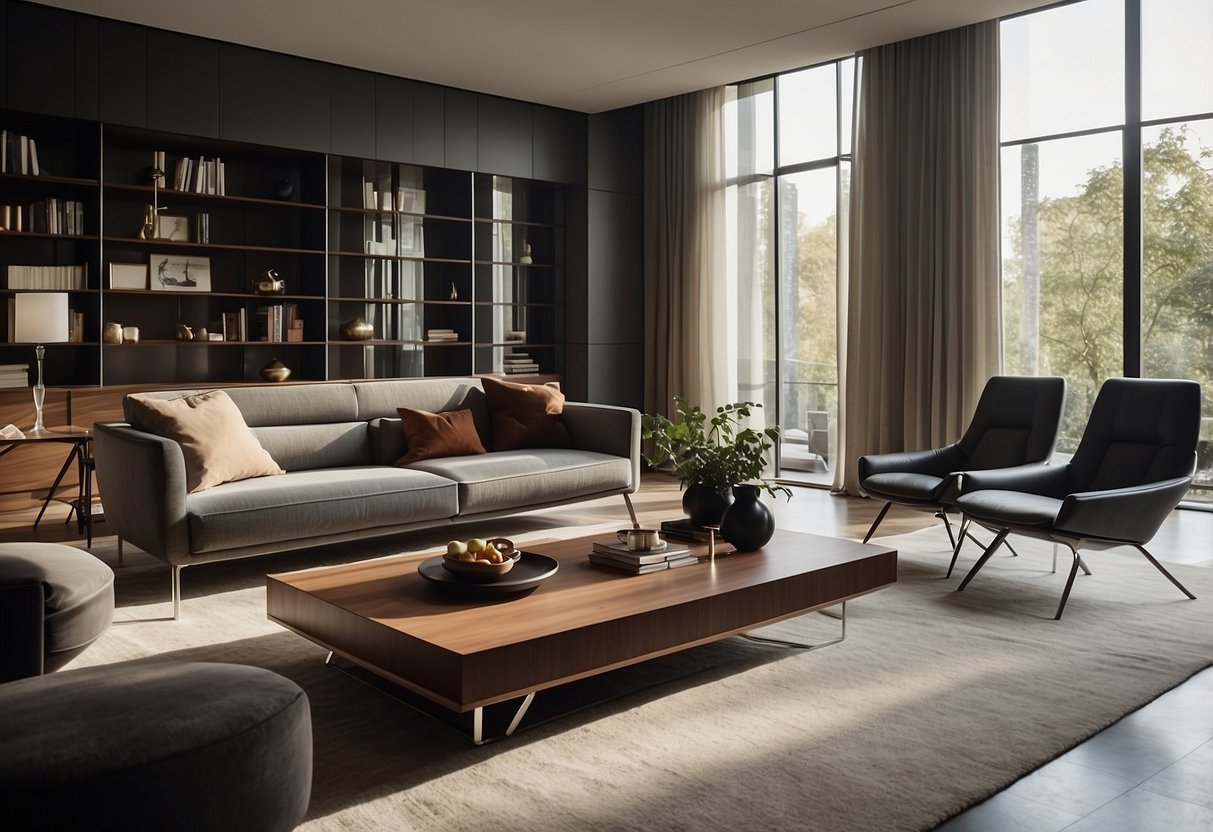 A sleek, modern living room with Antonio Citterio's signature furniture collections. Clean lines, luxurious materials, and sophisticated design elements create a timeless and elegant space