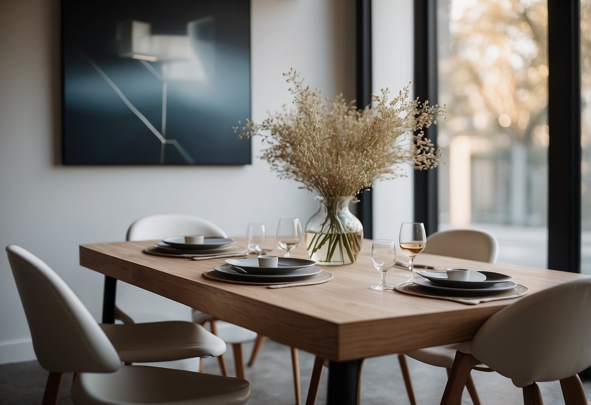 A modern, minimalist dining table with clean lines and practical design. It is surrounded by art-inspired furniture, creating a serene and elegant atmosphere