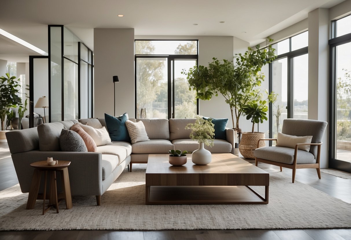 A modern living room with sleek furniture and clean lines. A neutral color palette with pops of color in the decor. Bright natural light streaming in through large windows