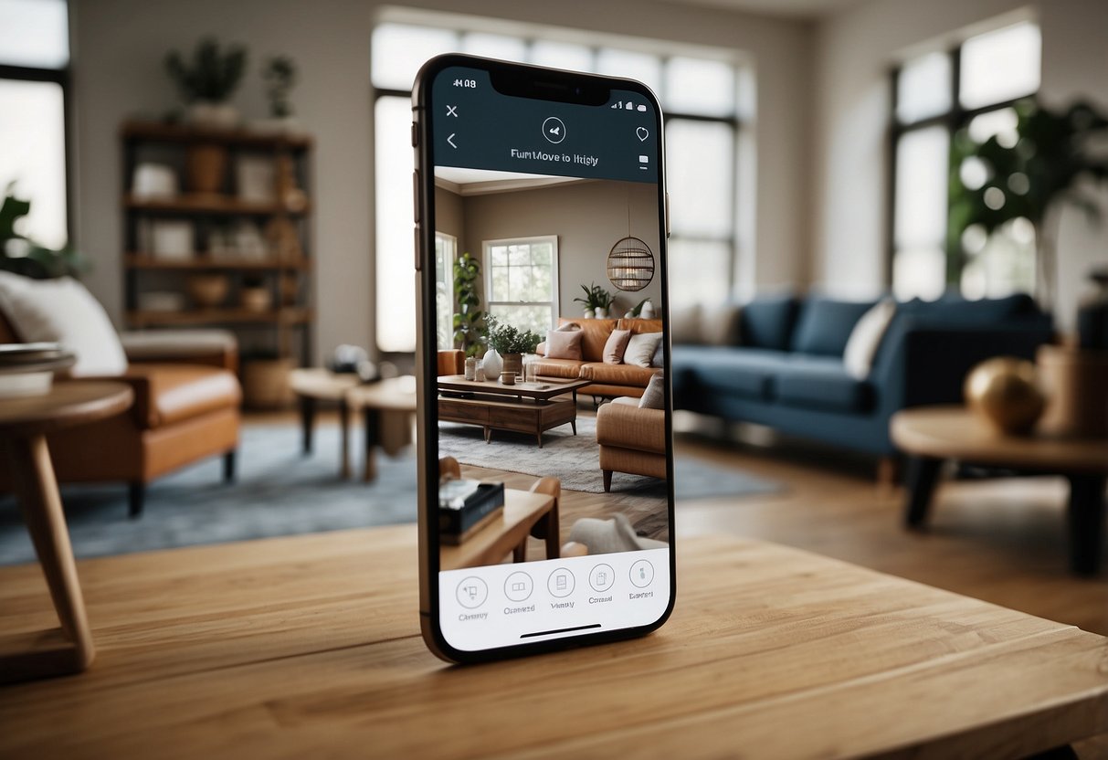 A smartphone displaying a furniture shopping app with a variety of products and easy navigation. A cozy living room setting with virtual try-on feature