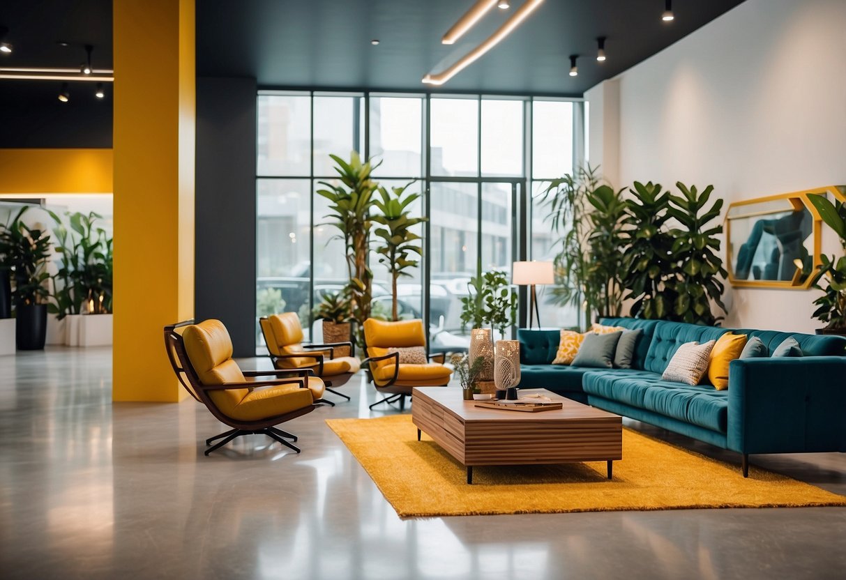 A spacious showroom with modern furniture displays and vibrant decor. Bright lighting accentuates the quality craftsmanship of each piece