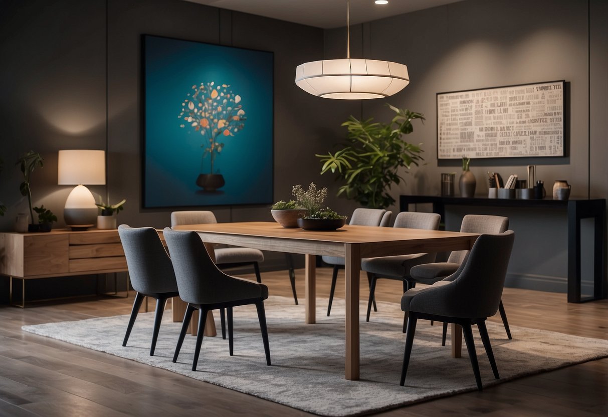 A modern dining table surrounded by art furniture, with a stack of frequently asked questions pamphlets on the surface