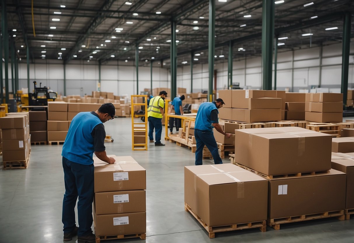 A spacious warehouse filled with rows of neatly stacked furniture pieces, with workers in the background assembling and packaging items for shipment