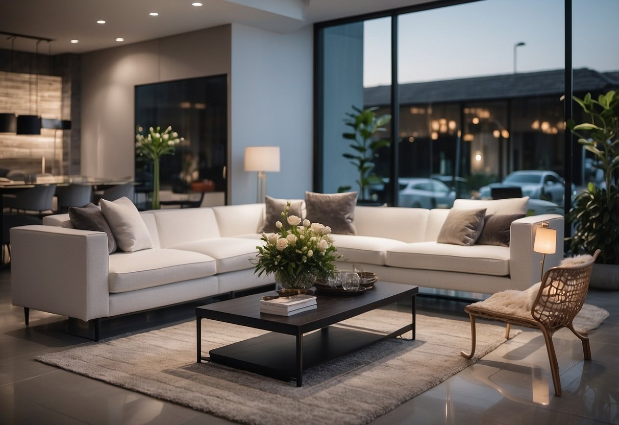 A modern furniture showroom with sleek sofas, elegant dining sets, and stylish home decor on display. Bright lighting and clean, minimalist design create an inviting atmosphere