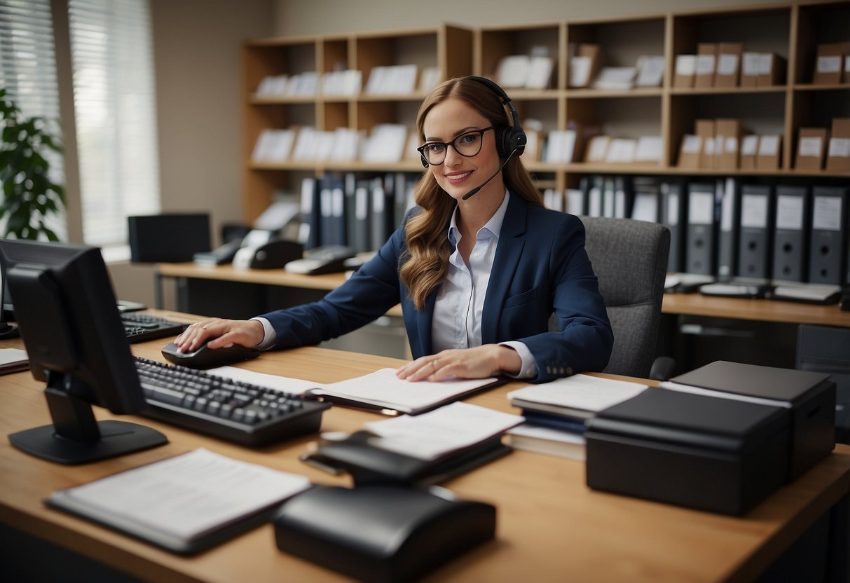 A customer service representative answering questions at a desk with a computer and phone, surrounded by shelves of binders and files