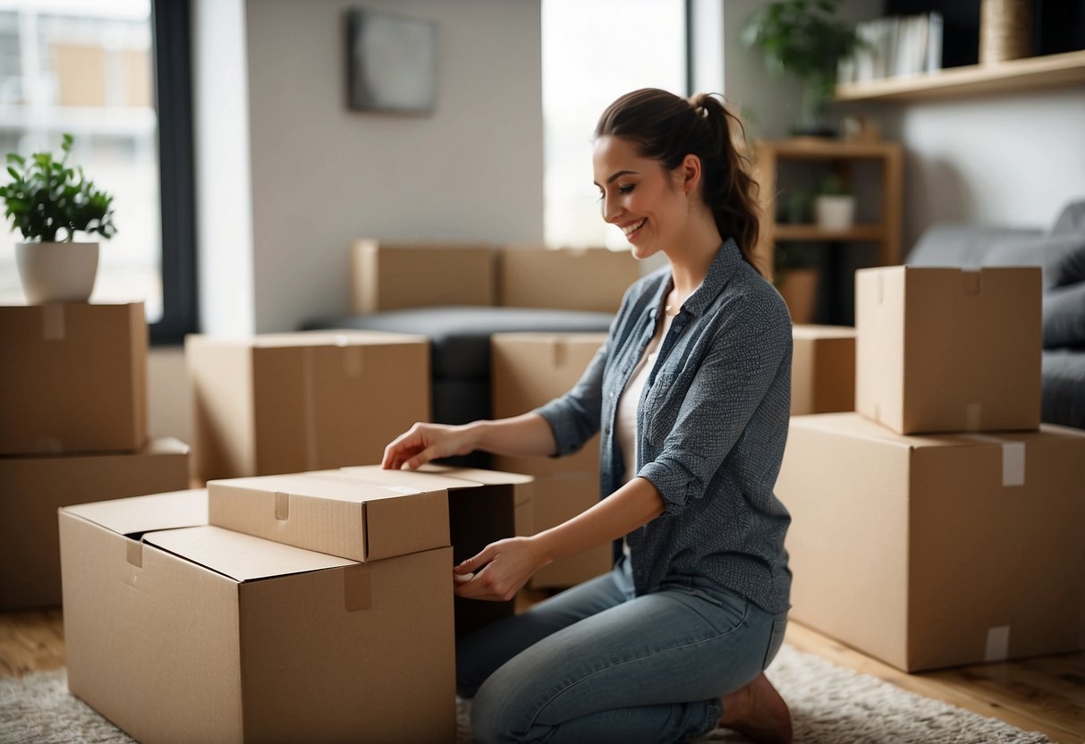 A customer happily unboxes and assembles a modern LCF furniture piece in a well-lit, stylish living room