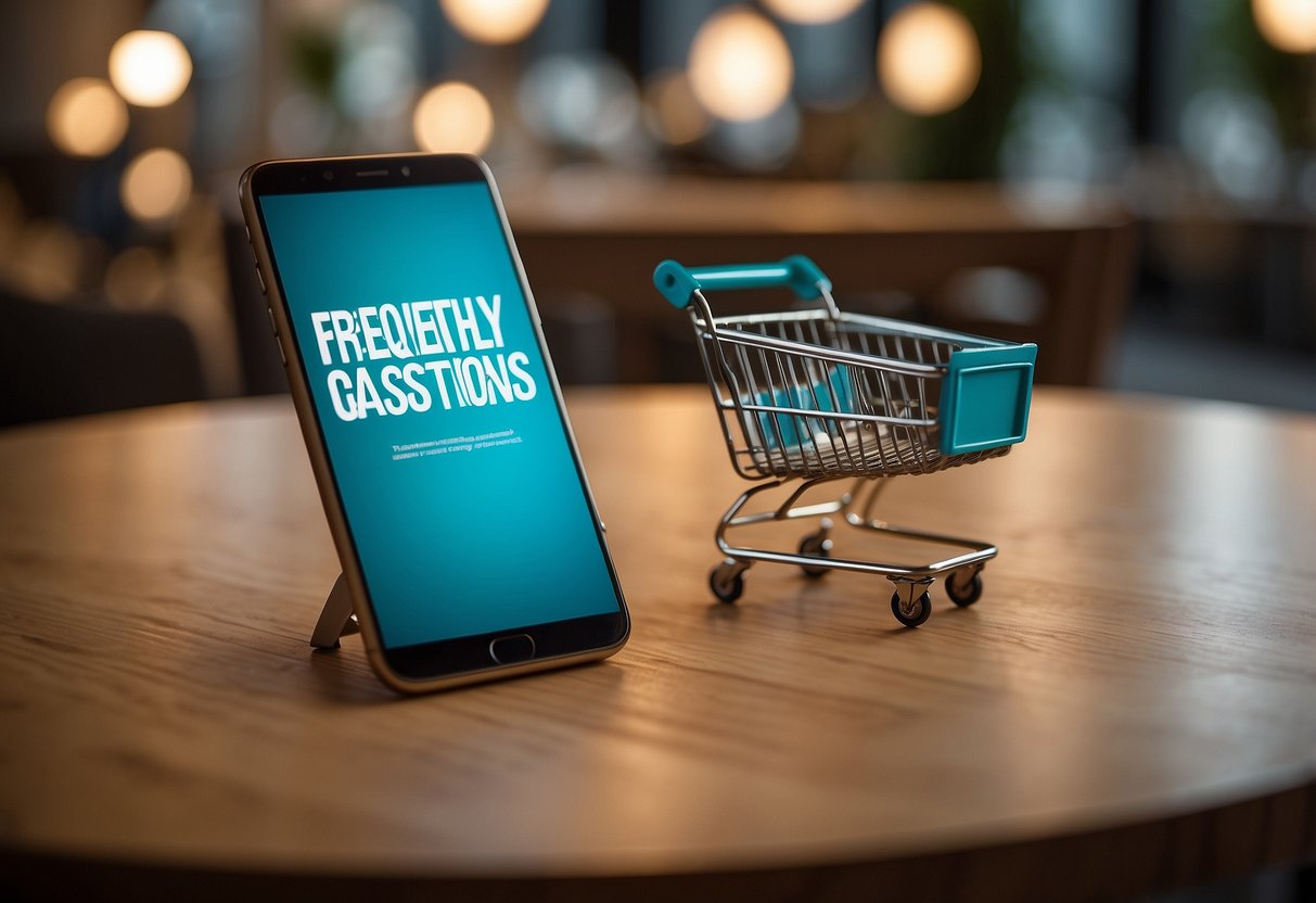 A smartphone with a "Frequently Asked Questions" page open, surrounded by various furniture items and a shopping cart icon