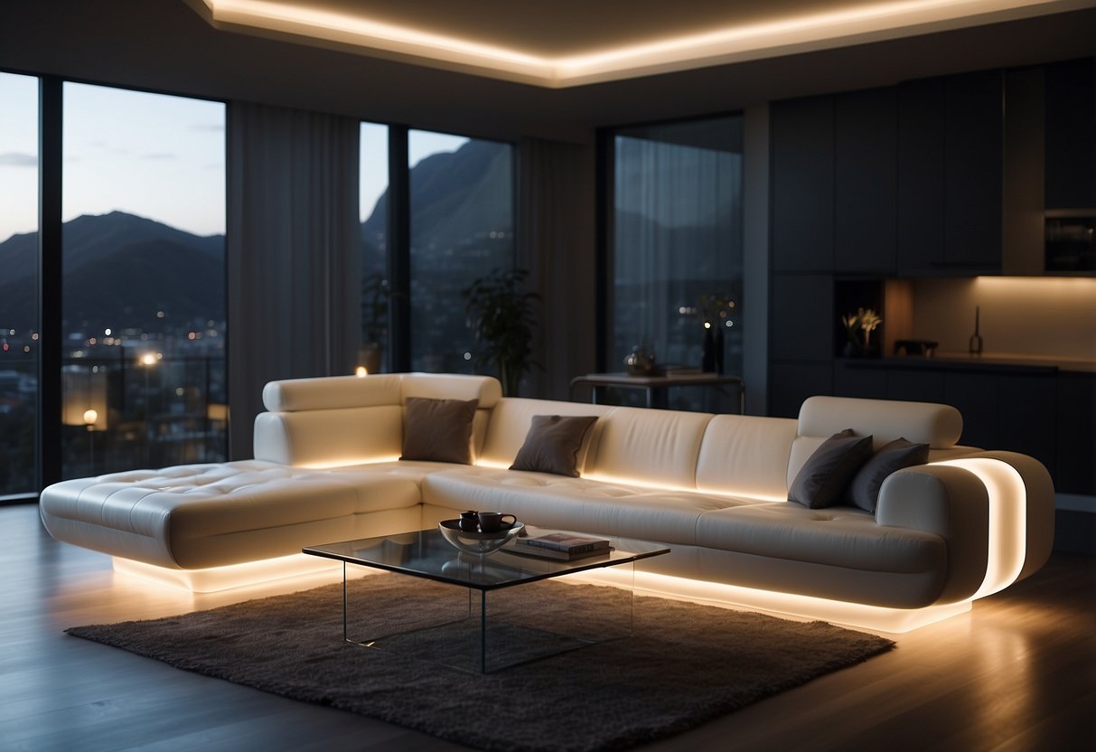 LED lighted furniture illuminates a modern living room, casting a soft glow on the sleek surfaces and creating a futuristic atmosphere