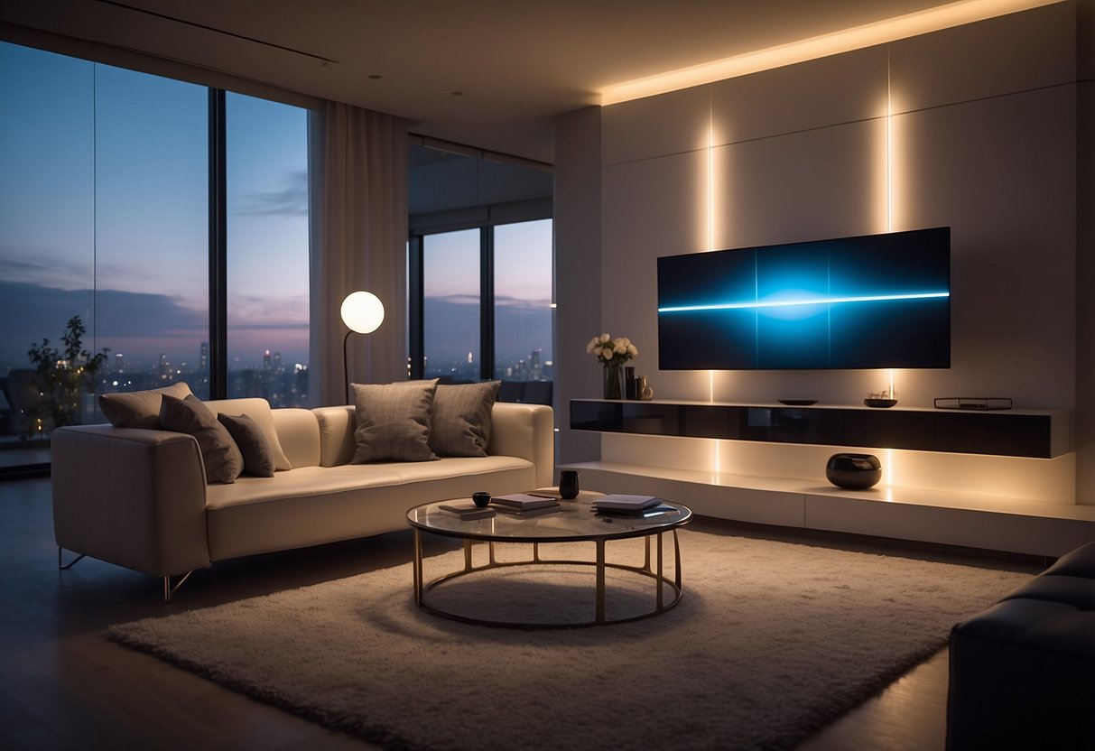 A modern living room with LED lighted furniture, casting a soft glow across the sleek surfaces and creating a futuristic ambiance