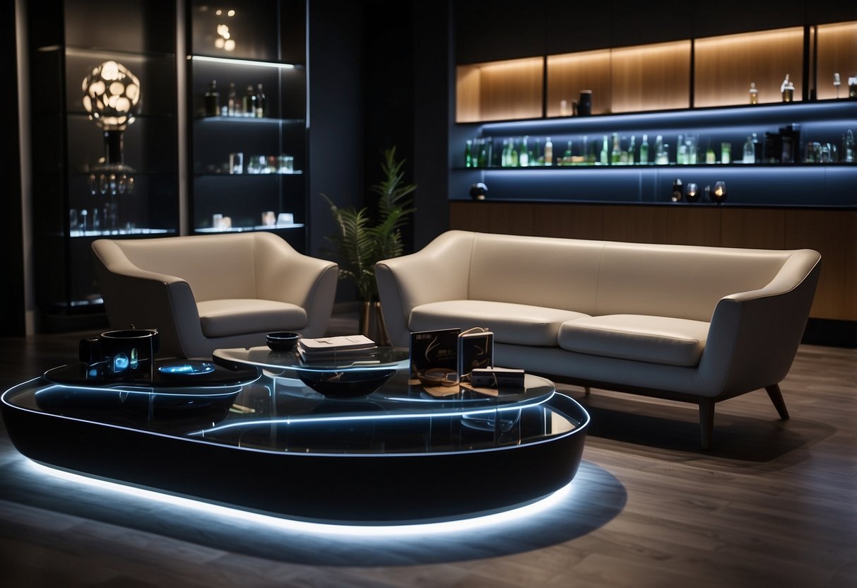 Commercial space with LED lighted furniture, glowing softly in the dimly lit room. Tables, chairs, and shelves emitting a soft, ambient light, creating a modern and stylish atmosphere