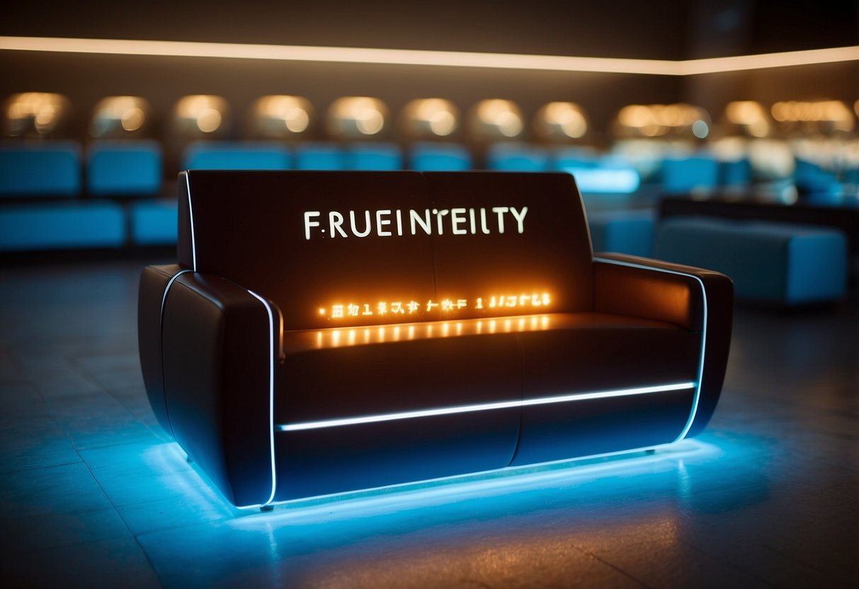 A display of LED lighted furniture with a sign reading "Frequently Asked Questions" above it