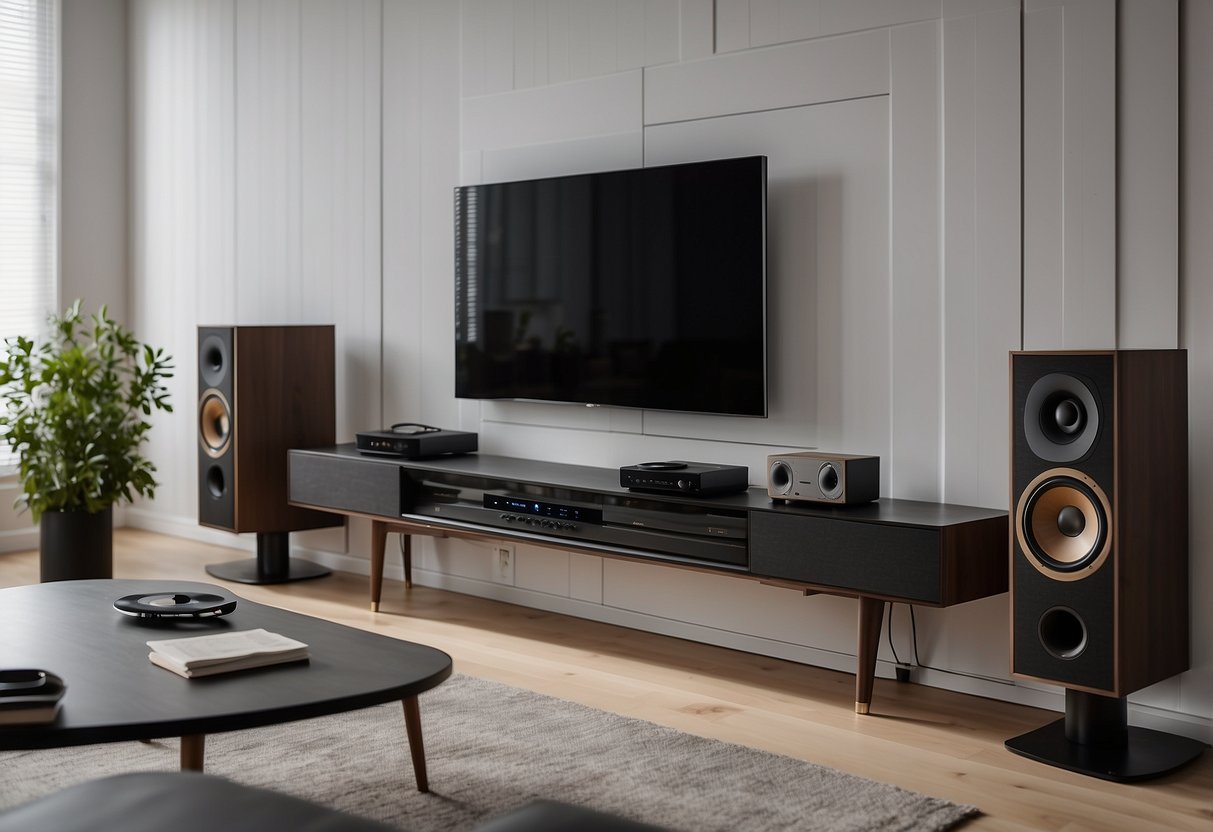 A modern living room with sleek audio furniture arranged around a central entertainment system. Speakers, amplifiers, and a turntable are all neatly displayed on minimalist shelves and cabinets