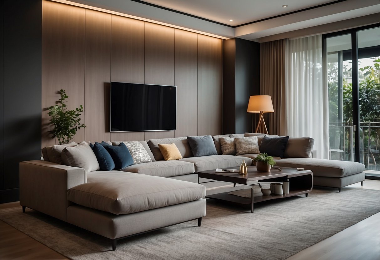 A cozy living room with a comfortable sofa, a stylish coffee table, and a sleek entertainment unit, all from Bedok Furniture