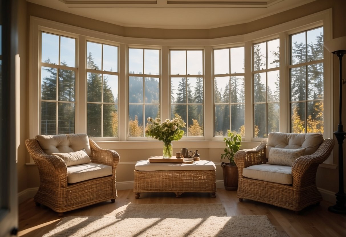 A cozy bay window with a cushioned window seat, a small coffee table, and a couple of comfortable armchairs. Sunlight streams in through the large windows, creating a warm and inviting atmosphere