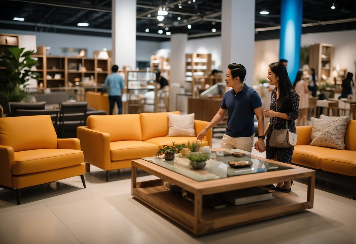 Customers browsing furniture in Bedok stores, admiring various styles and designs. Brightly lit showroom with colorful displays and cozy setups