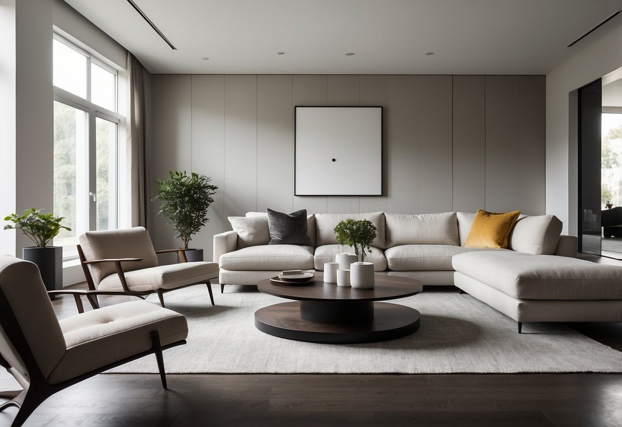 A sleek living room with modern furniture and clean lines. A minimalist design with neutral colors and a pop of color in the accent pieces