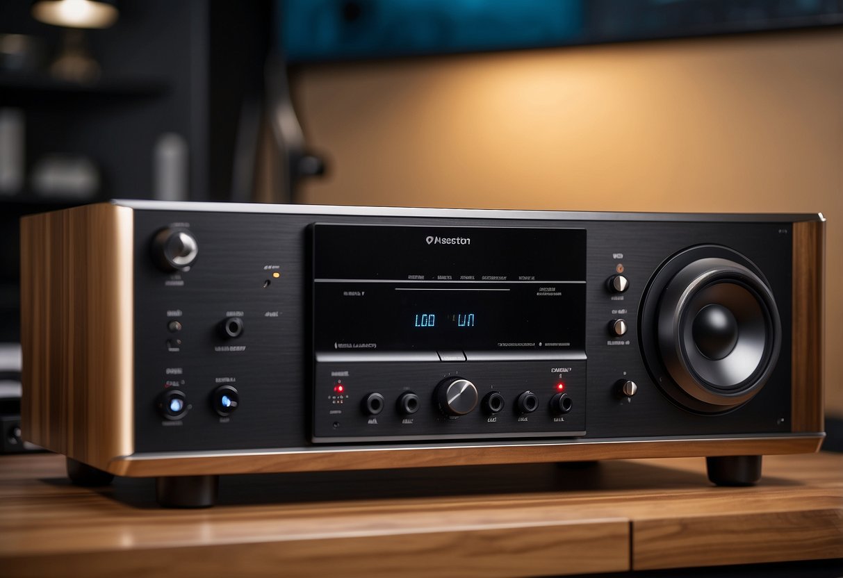 A sleek, modern audio console made of polished wood and metal, with integrated cable management and adjustable shelving for various audio equipment
