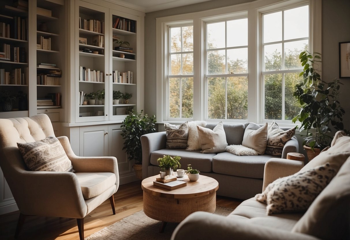 A cozy living room with a bay window, featuring a built-in window seat with storage underneath, a small round table, and two comfortable armchairs