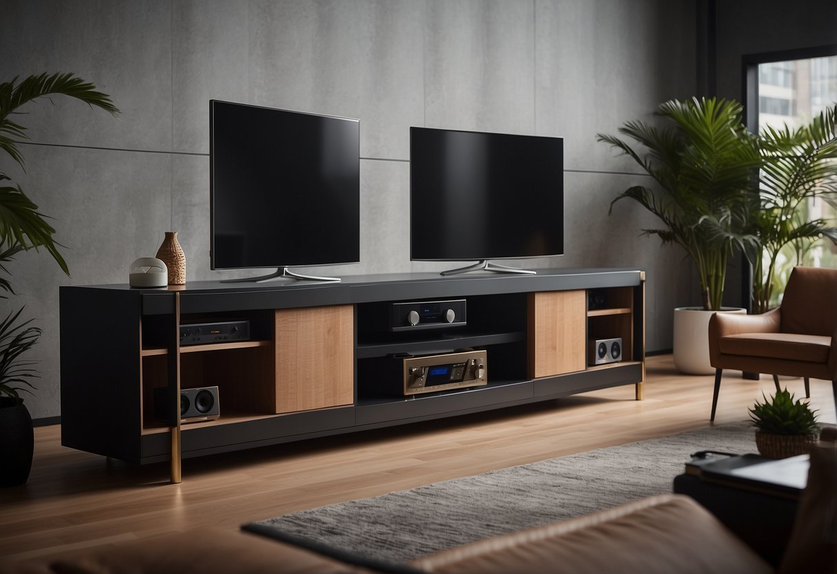 A sleek audio cabinet houses high-tech equipment, while speakers seamlessly blend into the modern furniture design
