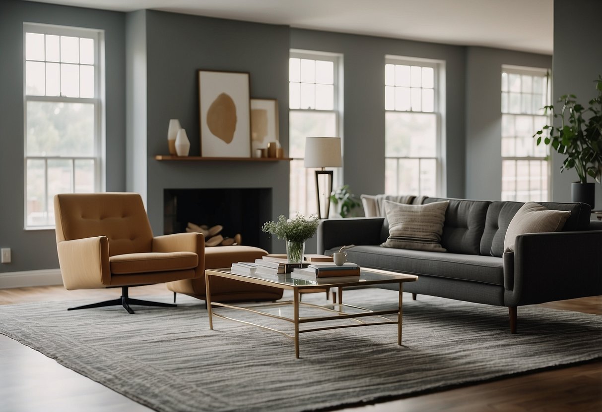 A sleek, minimalist sofa sits atop a geometric rug, flanked by a pair of streamlined armchairs. A low, glass coffee table is adorned with a few art books and a sculptural vase. The room is bathed in natural light from