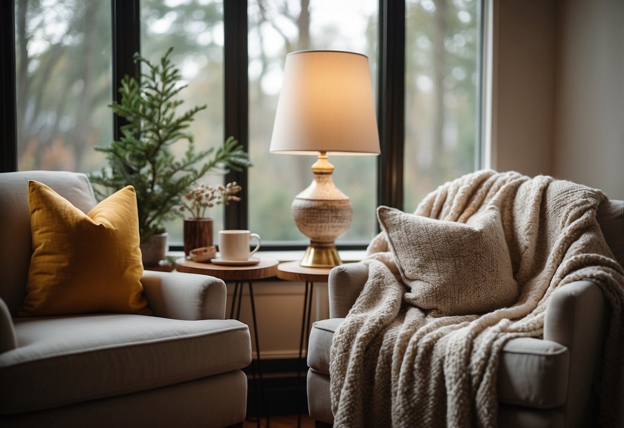 A cozy bay window area with a plush armchair, a small side table, and a floor lamp. A patterned throw blanket and a few decorative cushions add a pop of color and comfort to the space