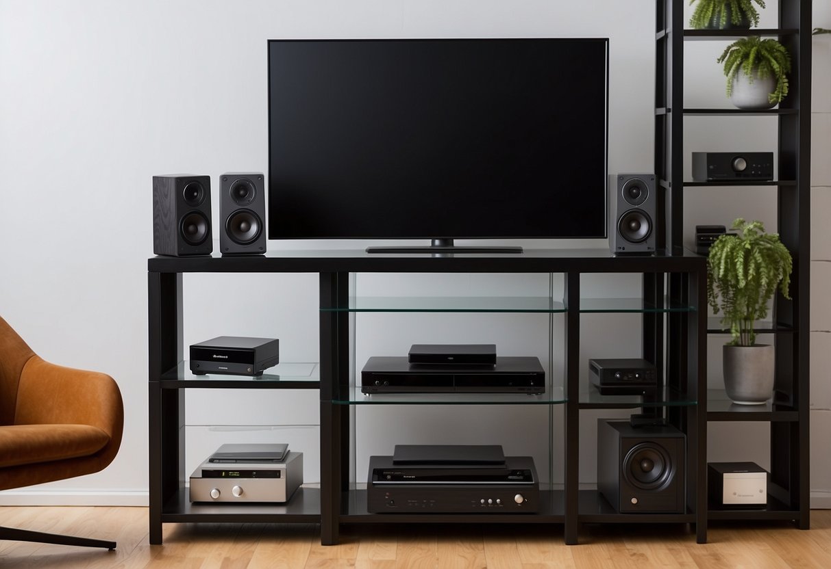 A sleek, modern audio furniture piece stands in a well-lit room, with neatly organized shelves and compartments for various electronic devices