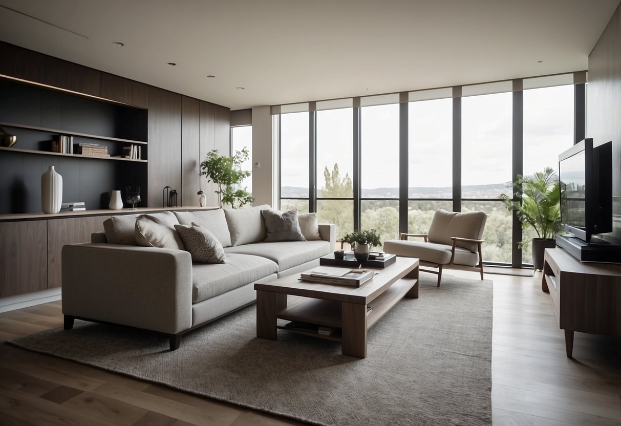 A sleek, minimalist living room with modern furniture, clean lines, and neutral colors. A large, comfortable sofa sits in the center, surrounded by contemporary coffee tables and a stylish entertainment unit